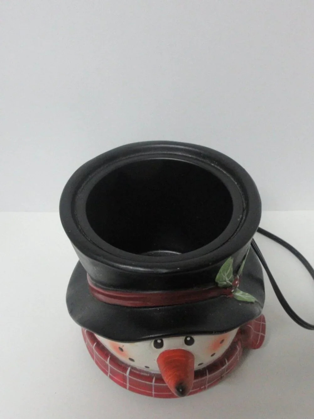 Snowman Electric Jar Candle Warmer Ceramic Christmas Top Hat Holly 4” Opening
